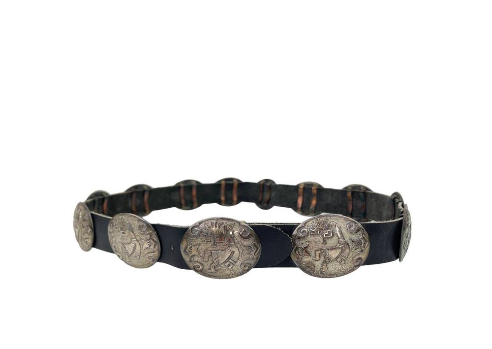 JS James Shay Navajo Sterling Silver Leather Concho Belt Western Native American